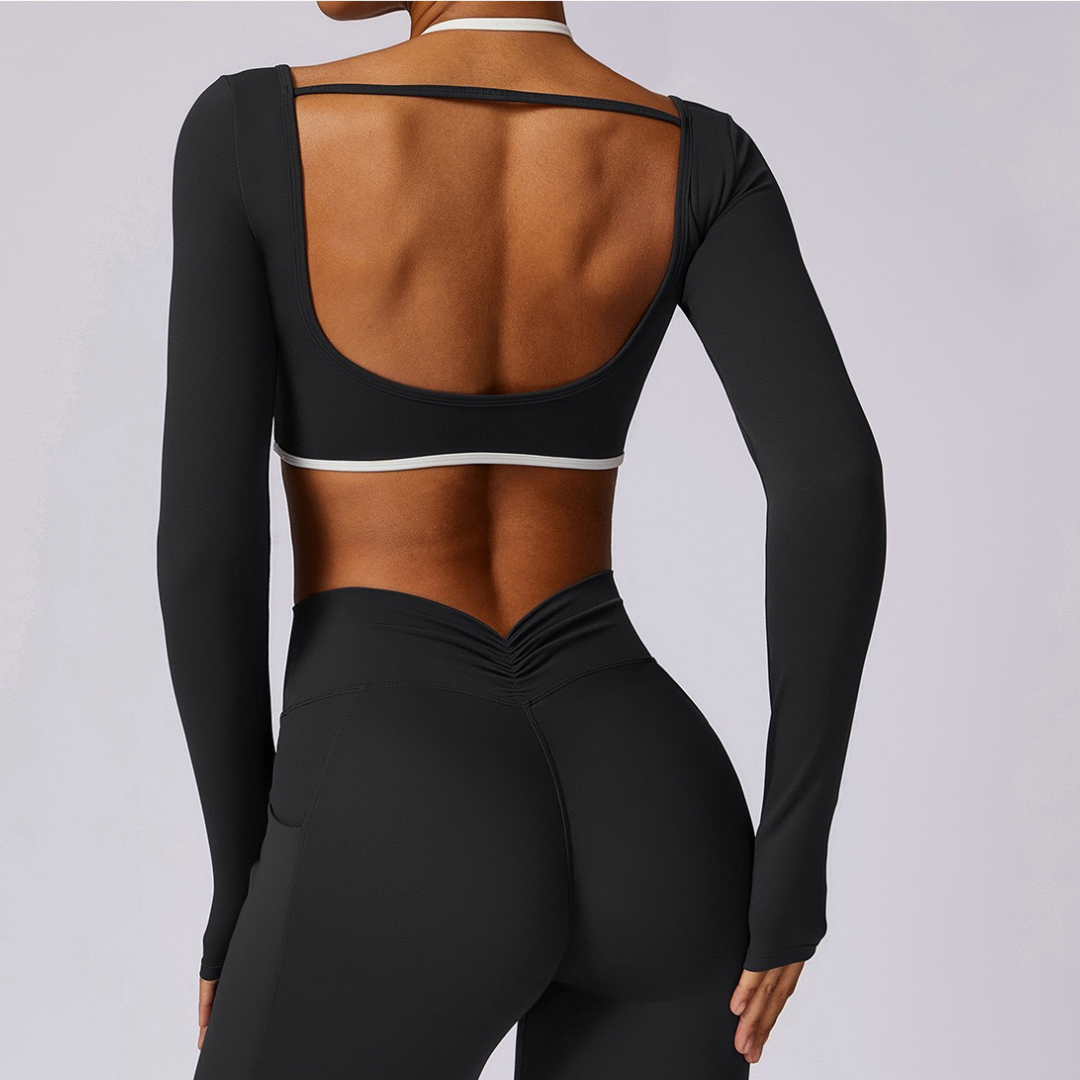 Long Sleeve Backless V-Shape Legging Set - Black