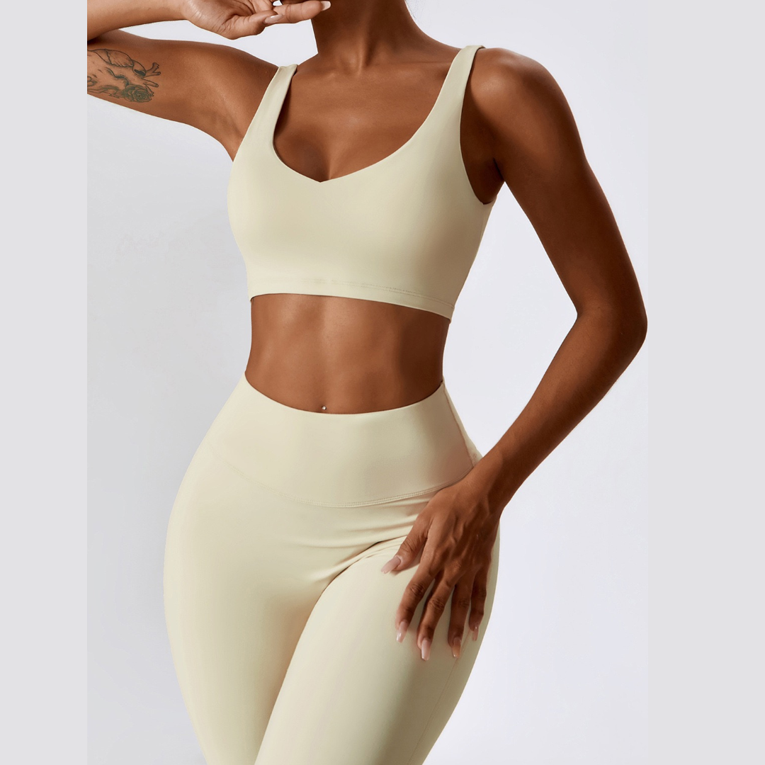 Deep V Flared Legging Set - Cream White