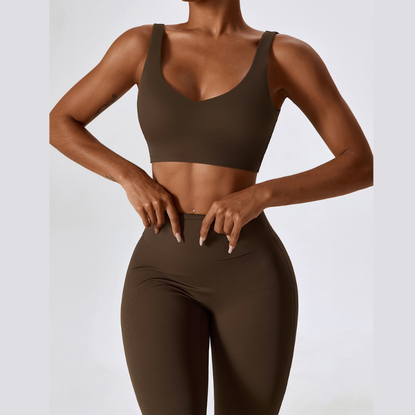 Deep V Flared Legging Set - Coffee