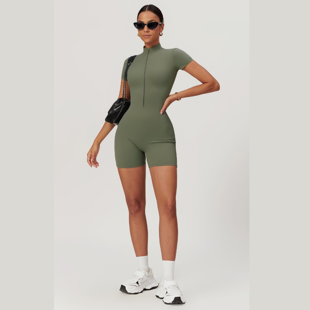 Summer Short-Sleeve Zip Romper - Olive Green