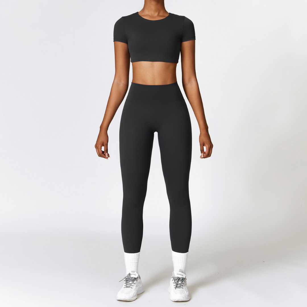 Comfy Short Sleeve Crop Top Legging Set - Black