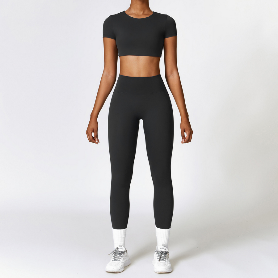 Comfy Short Sleeve Crop Top Legging Set - Black