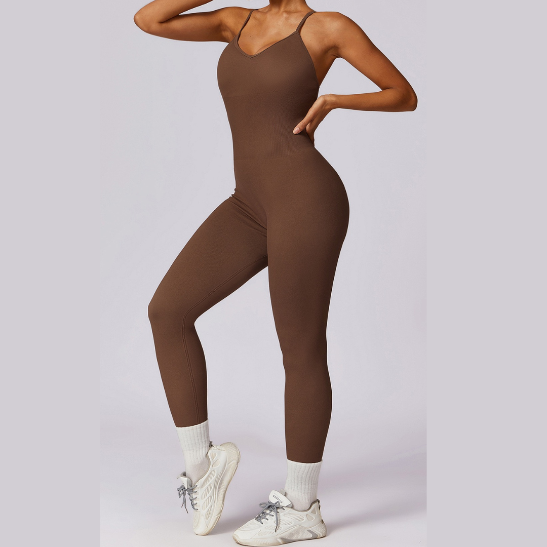 Slim Waist Backless Seamless Jumpsuit - Brown