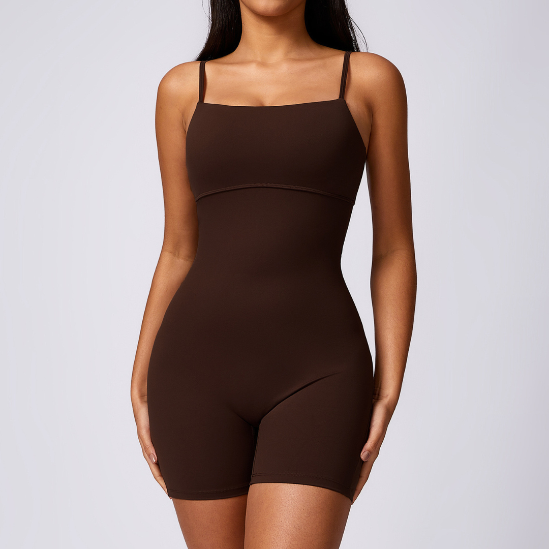 Deep V Scrunched Romper - Coffee