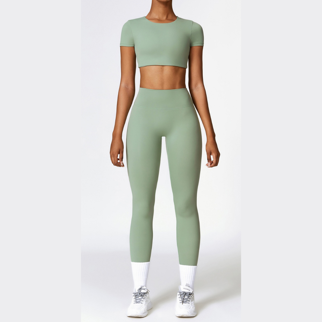 Comfy Short Sleeve Crop Top Legging Set - Green