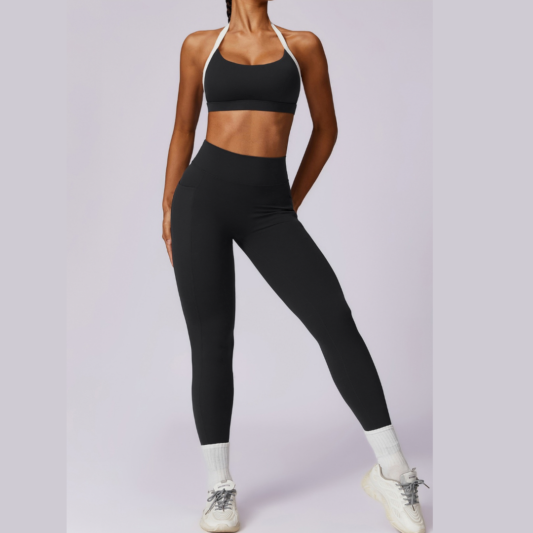 White Strap Backless V-Shape Legging Set - Black