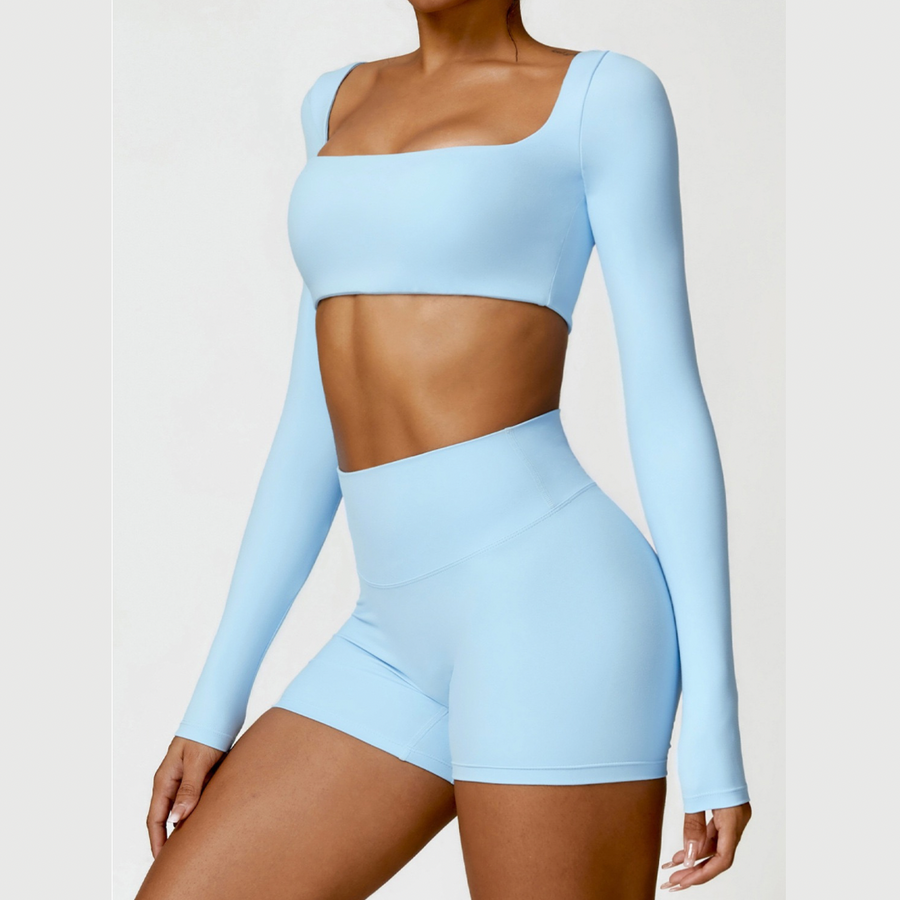 Stylish Long-Sleeve Top Scrunched Short Set - Blue