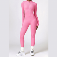 Zipped Long-sleeve Knit Jumpsuit - Pink