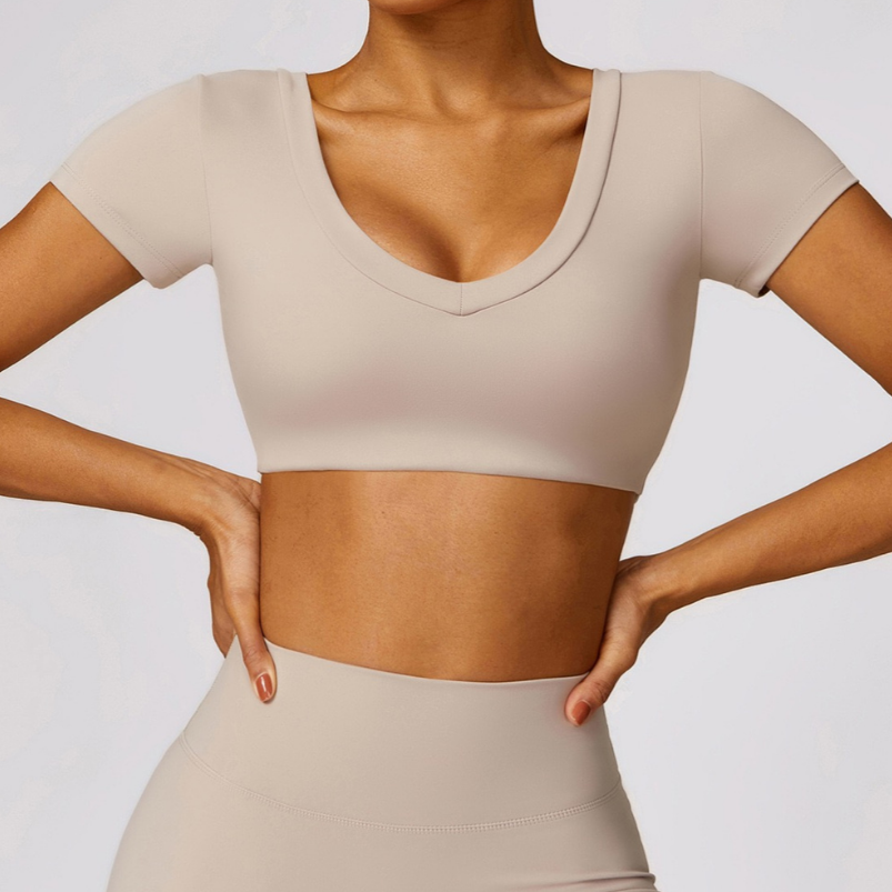 Premium κοντομάνικο Crop Top - Γυμνό 