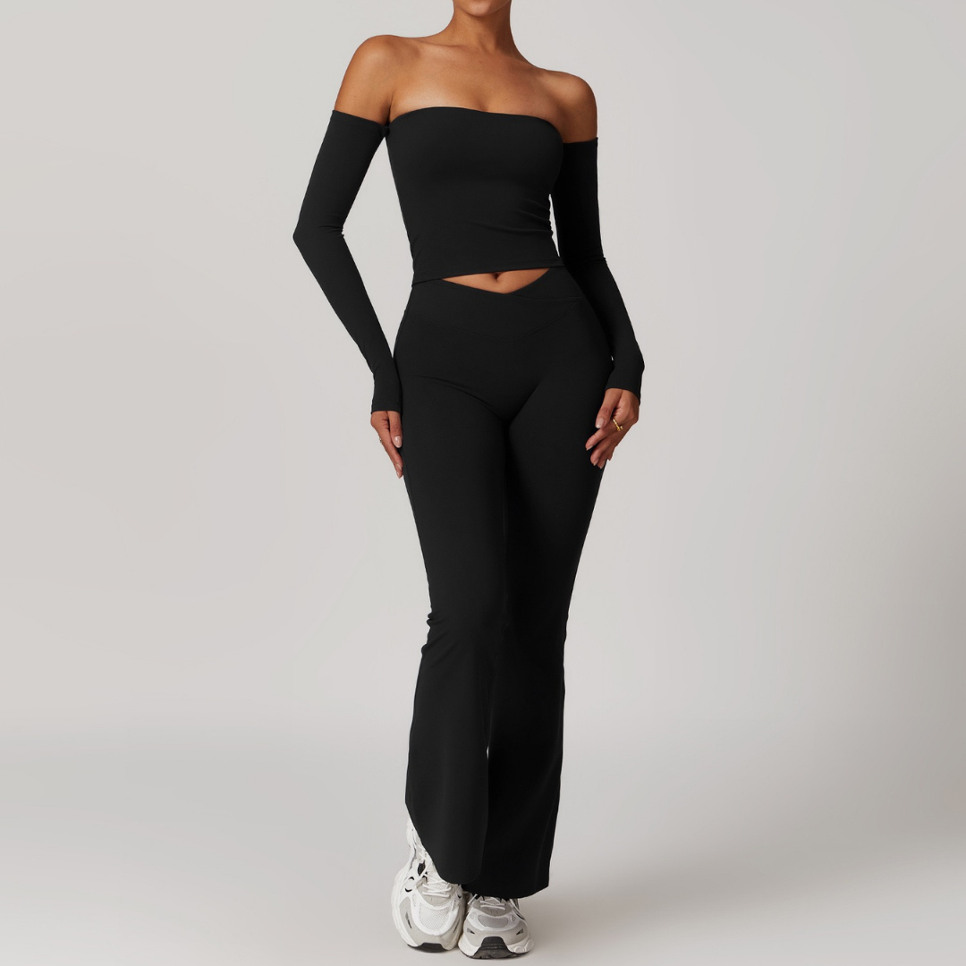 Sabrina Stylish Long Sleeve Flared Legging Set - Black