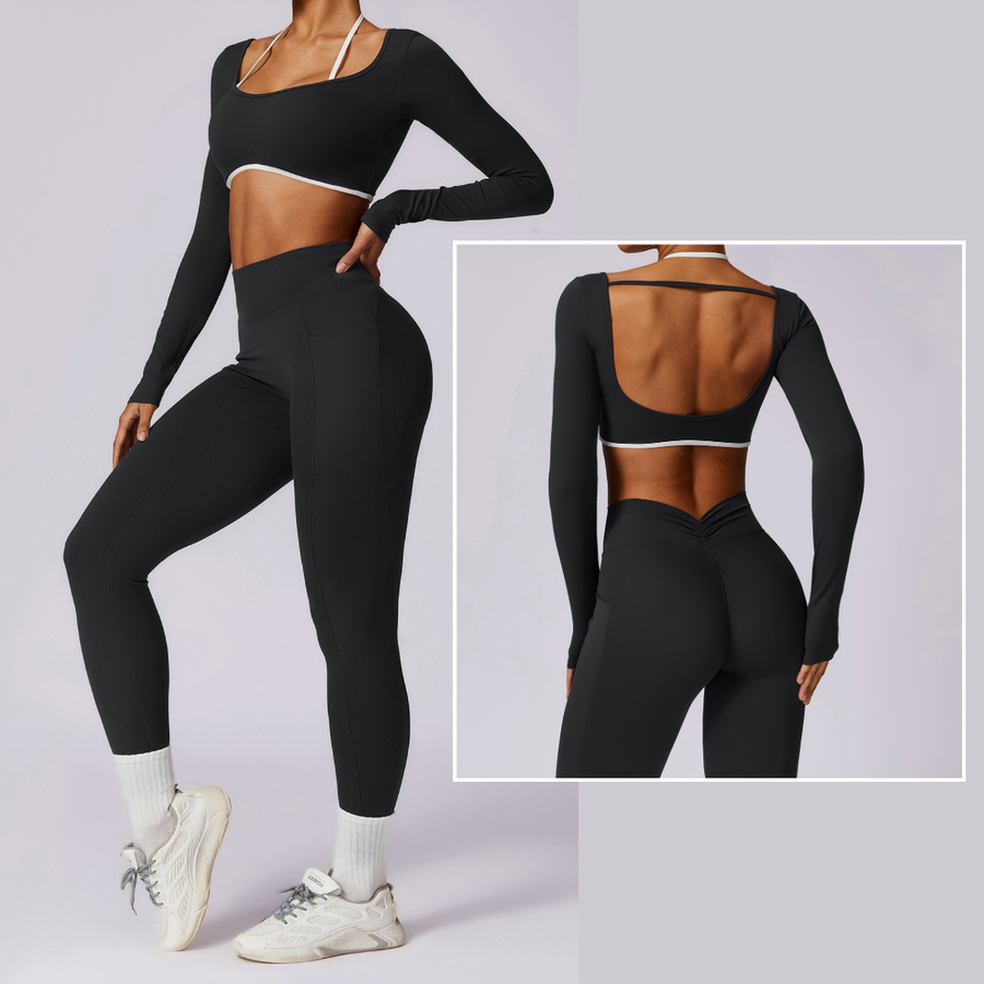 Long Sleeve Backless V-Shape Legging Set - Black