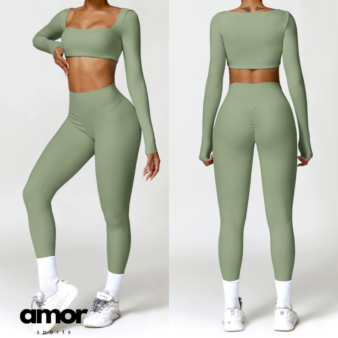 Stylish Long-Sleeve Top Skinny Scrunched Legging Set - Green – amorsports