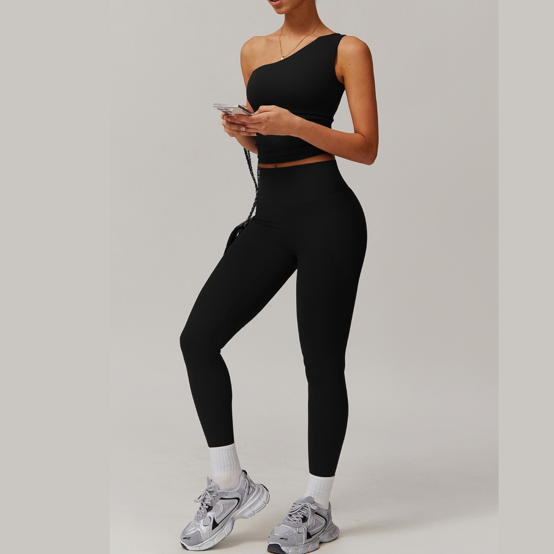 NANA Single Shoulder Top Legging Set - Black