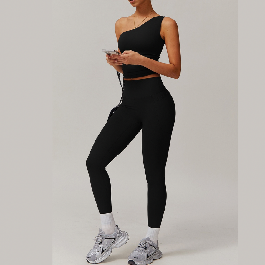 NANA Single Shoulder Top Legging Set - Black