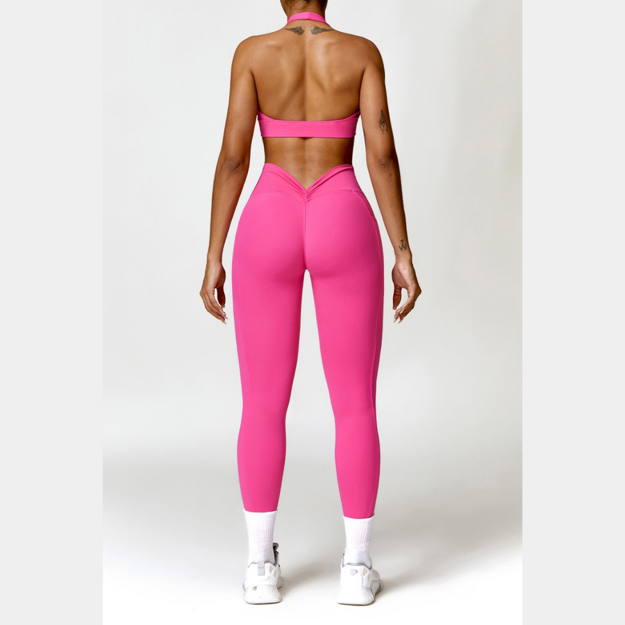 Backless Stylish Top V-Shape Legging Set - Pink