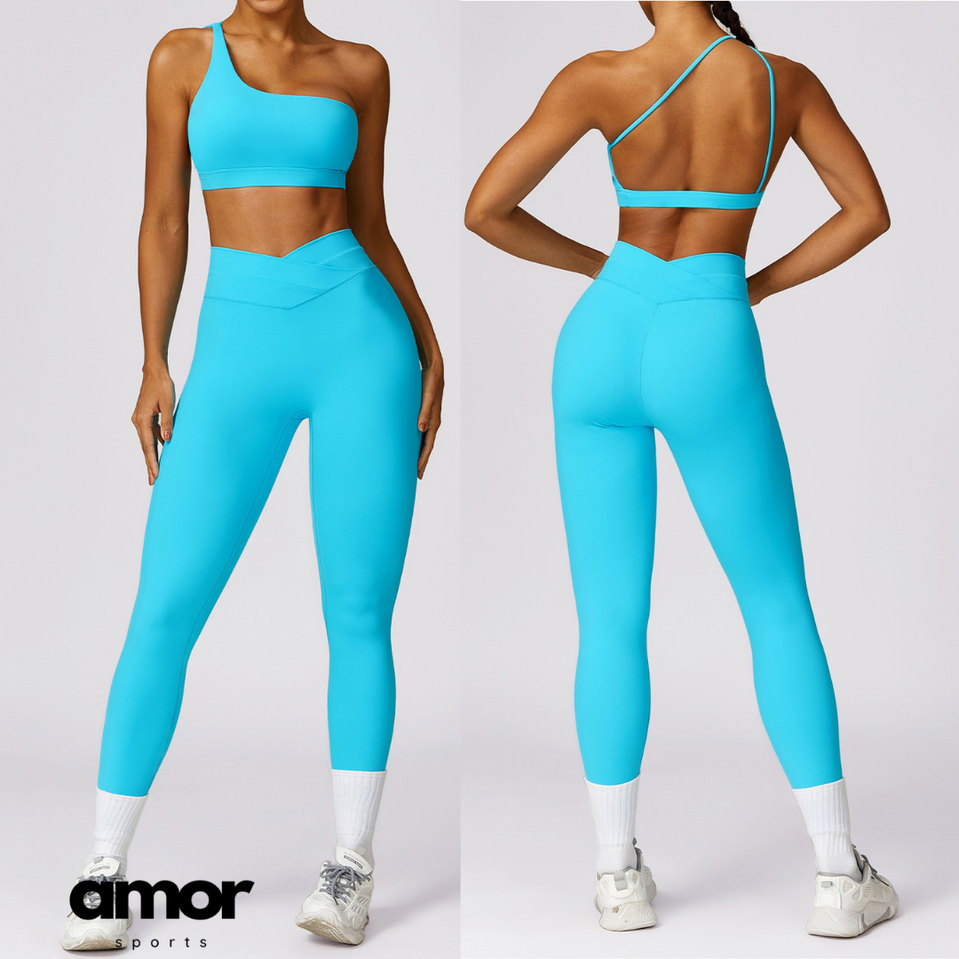 Single Shoulder Stylish Design Legging Set - Blue