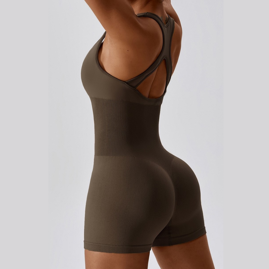 Summer Slim Waist Ribbed Romper - Olive