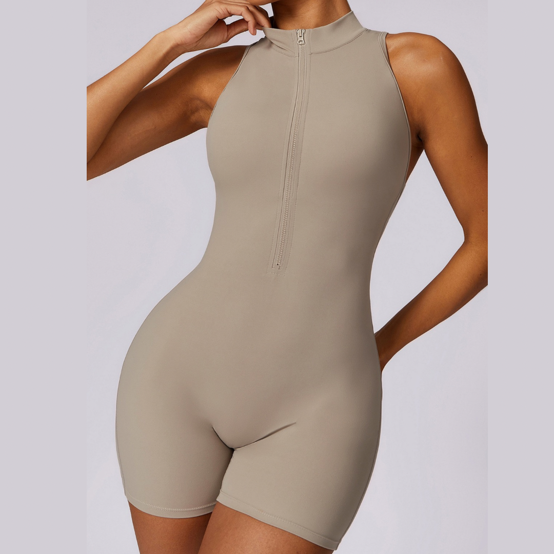 Stylish Zipper Scrunched Romper - Cement