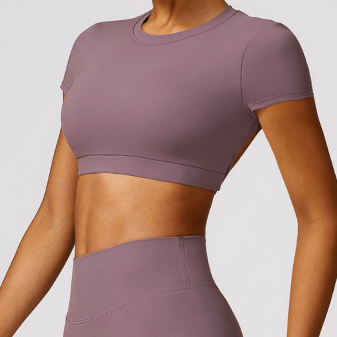 Κομψό σχέδιο χωρίς πλάτη με κοντό μανίκι Crop Top - Smoky Rose 