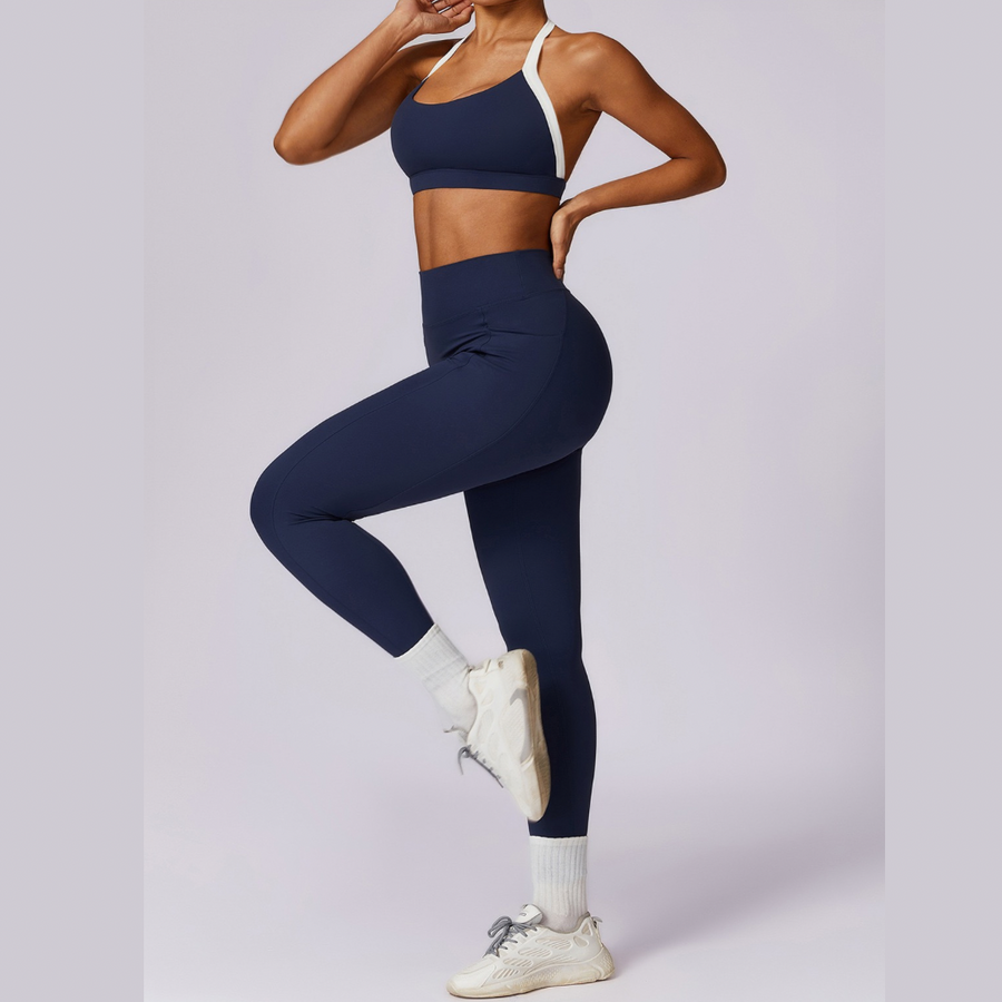 White Strap Backless V-Shape Legging Set - Navy