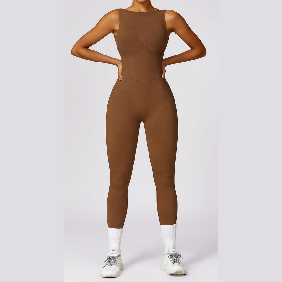 Seamless Deep-V Jumpsuit - Coffee