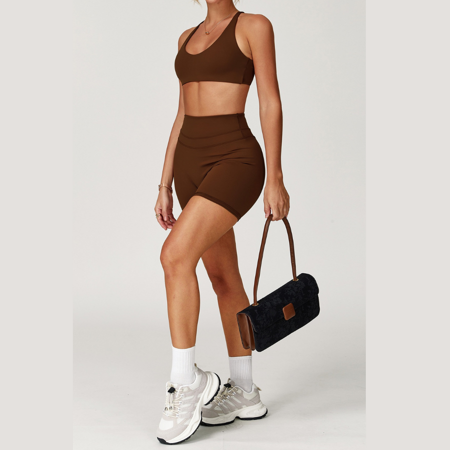 STELLA X-Back Crop Top Short Set - Coffee
