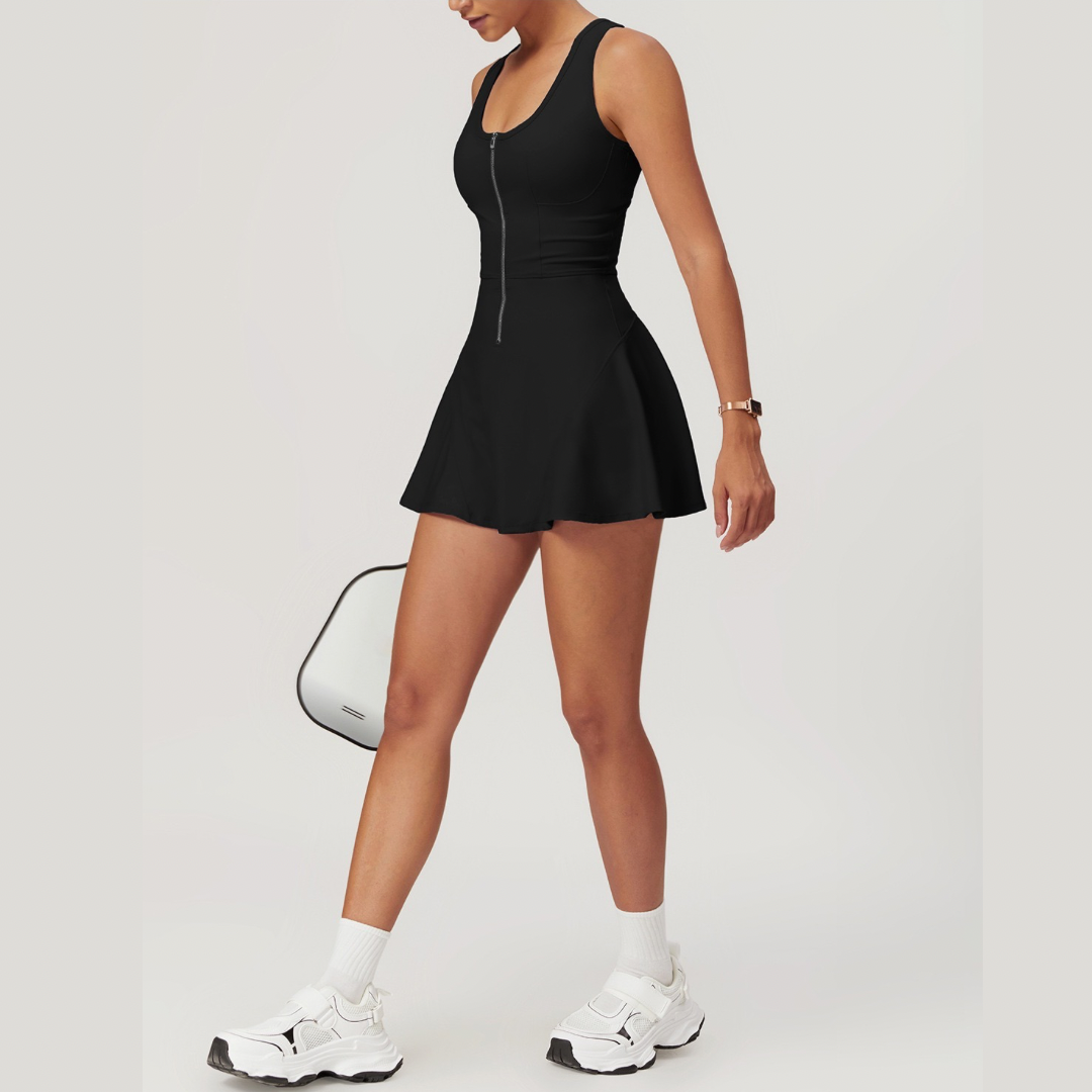 ANYA Tennis Zipped Stylish One Piece Sports Dress - Black