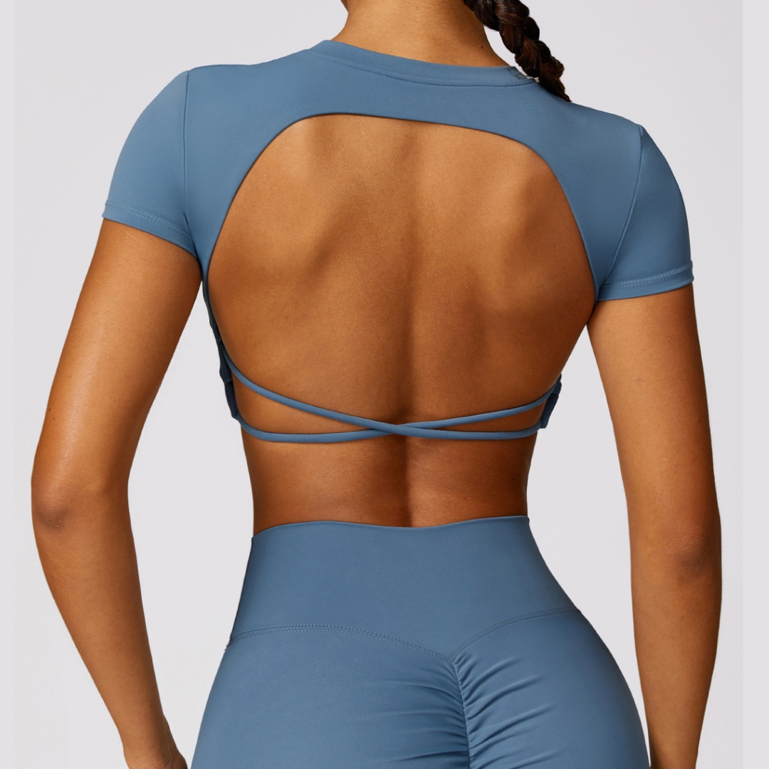 Κομψό σχέδιο χωρίς πλάτη με κοντό μανίκι Crop Top - Dusty Blue 