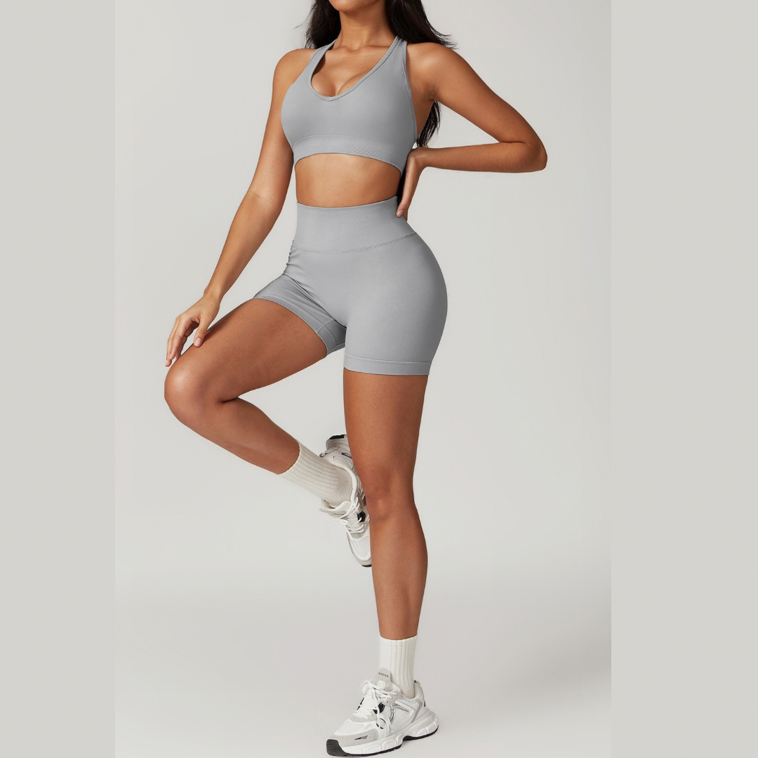 V-Neck Stylish Scrunched Short Set - Grey