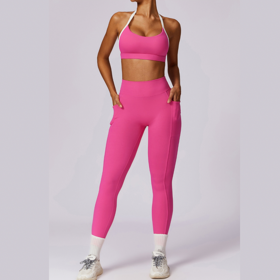 White Strap Backless V-Shape Legging Set - Pink