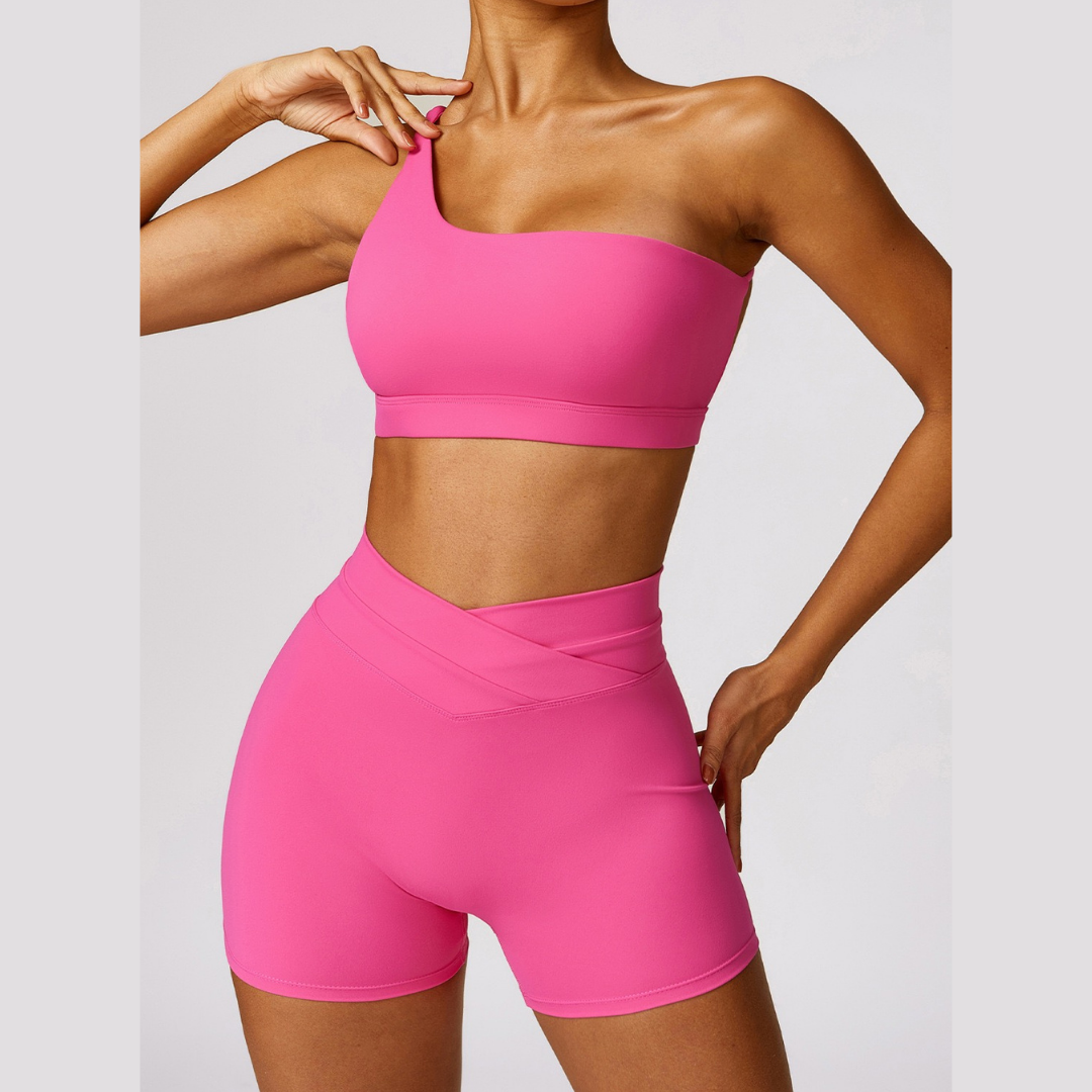 Single Shoulder Top with Short Set - Pink