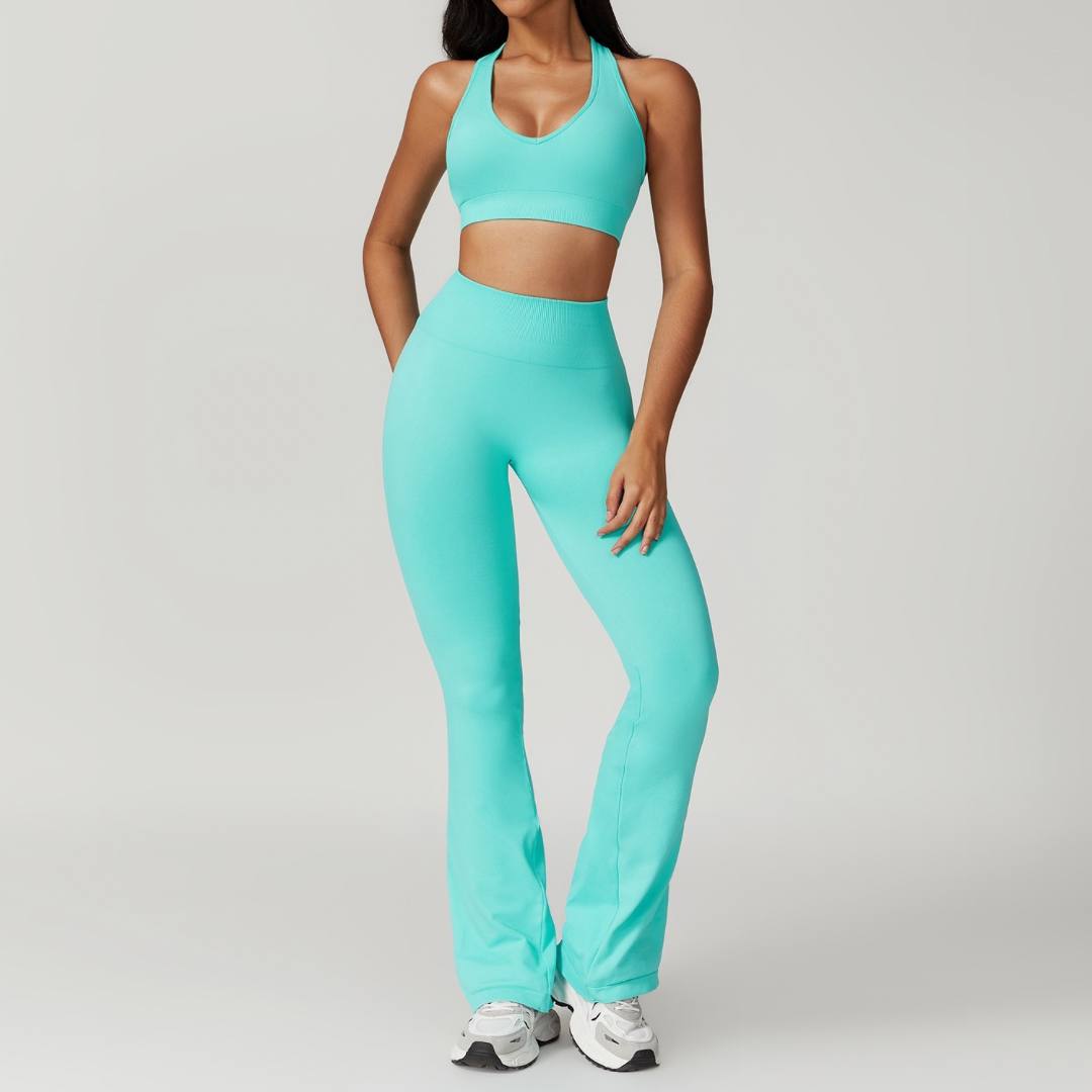 V-Neck Stylish Scrunched Flared Legging Set - Tiffany Blue