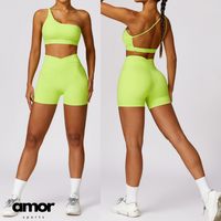 Single Shoulder Top with Short Set - Lime Yellow