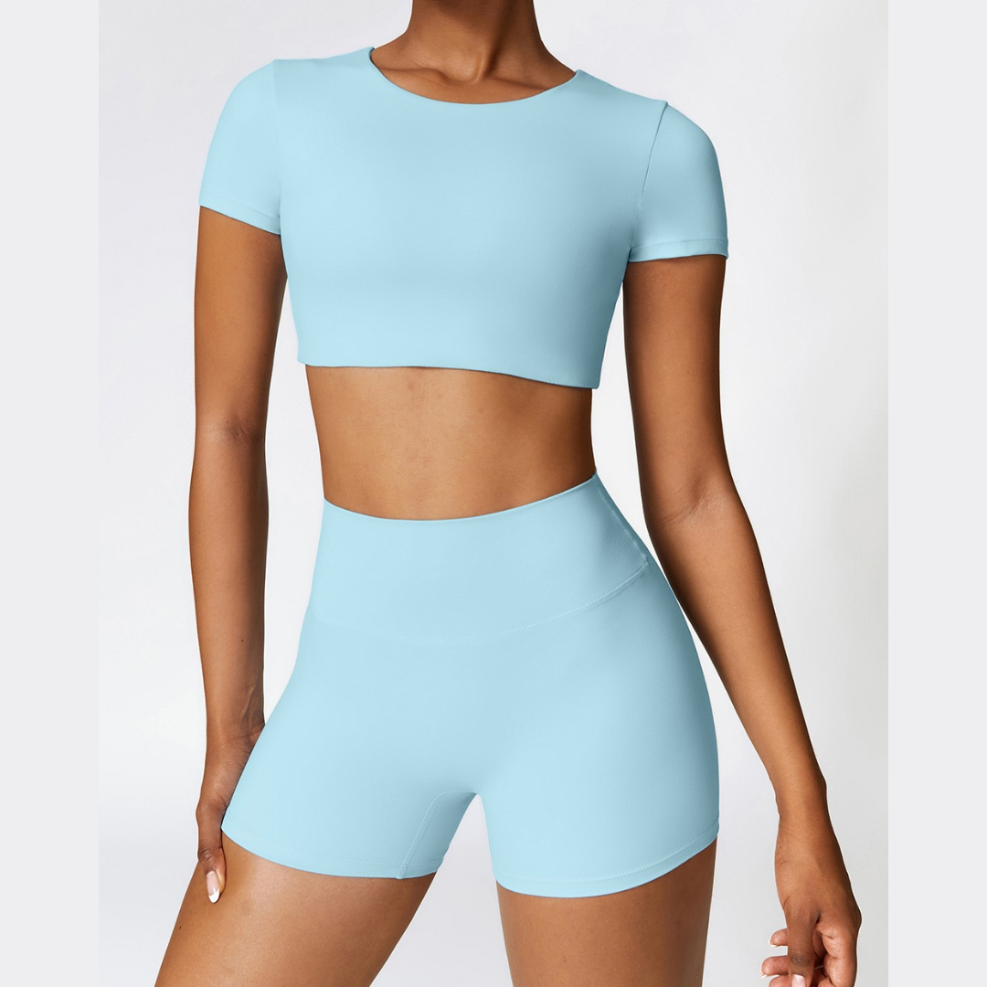 CHRISTIA Comfy Short Sleeve Crop Short Set - Sky Blue