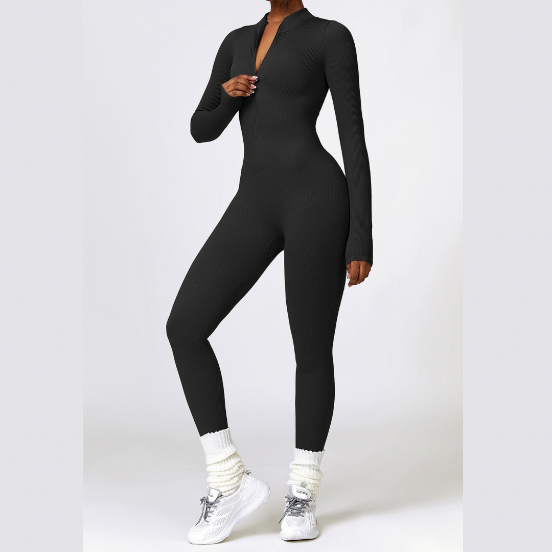 Zipped Long-sleeve Knit Jumpsuit - Black