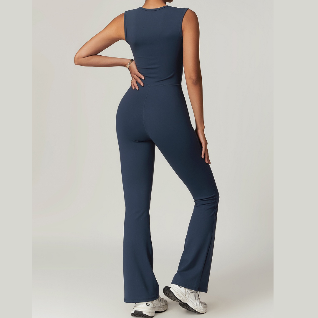 CATHY V-Shape Top Flared Bottom Jumpsuit - Navy