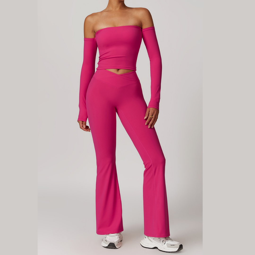 Sabrina Stylish Long Sleeve Flared Legging Set - Pink Rose