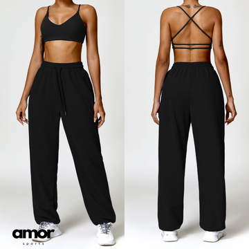 Backless Sexy Top Winter Pant Set - Black