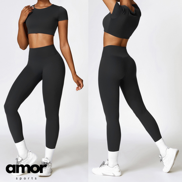 Comfy Short Sleeve Crop Top Legging Set - Black