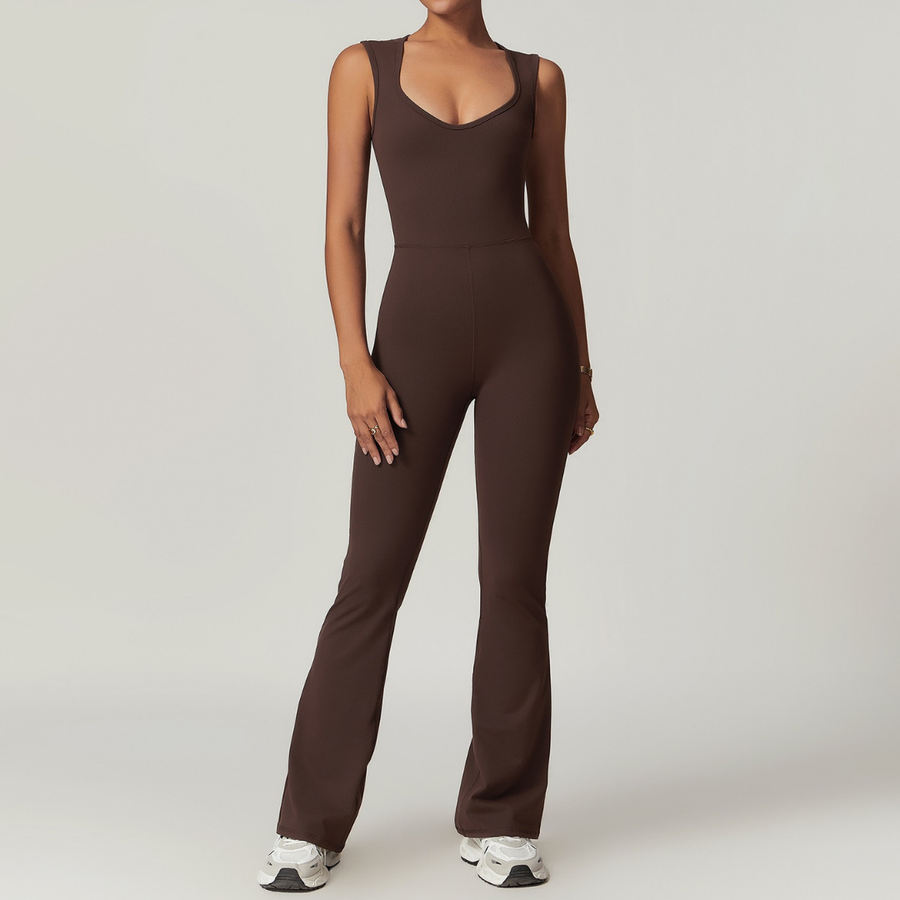 CATHY V-Shape Top Flared Bottom Jumpsuit - Coffee