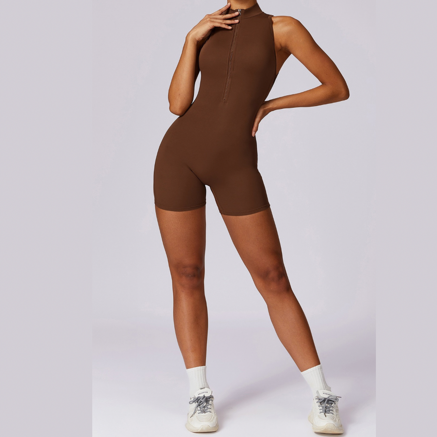 Stylish Zipper Scrunched Romper - Brown