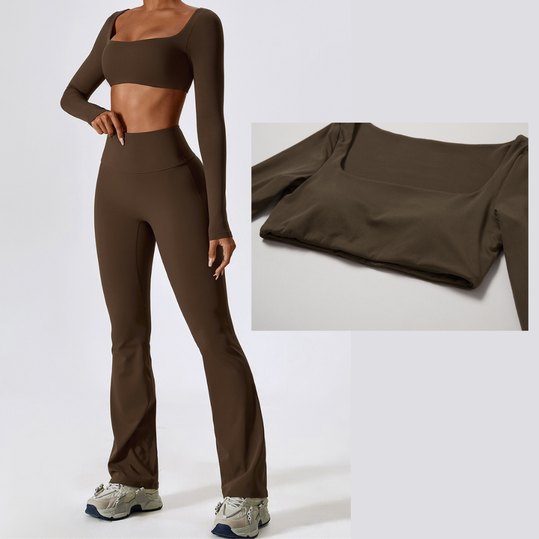 Long Sleeve Scrunch Flared Legging Set - Coffee