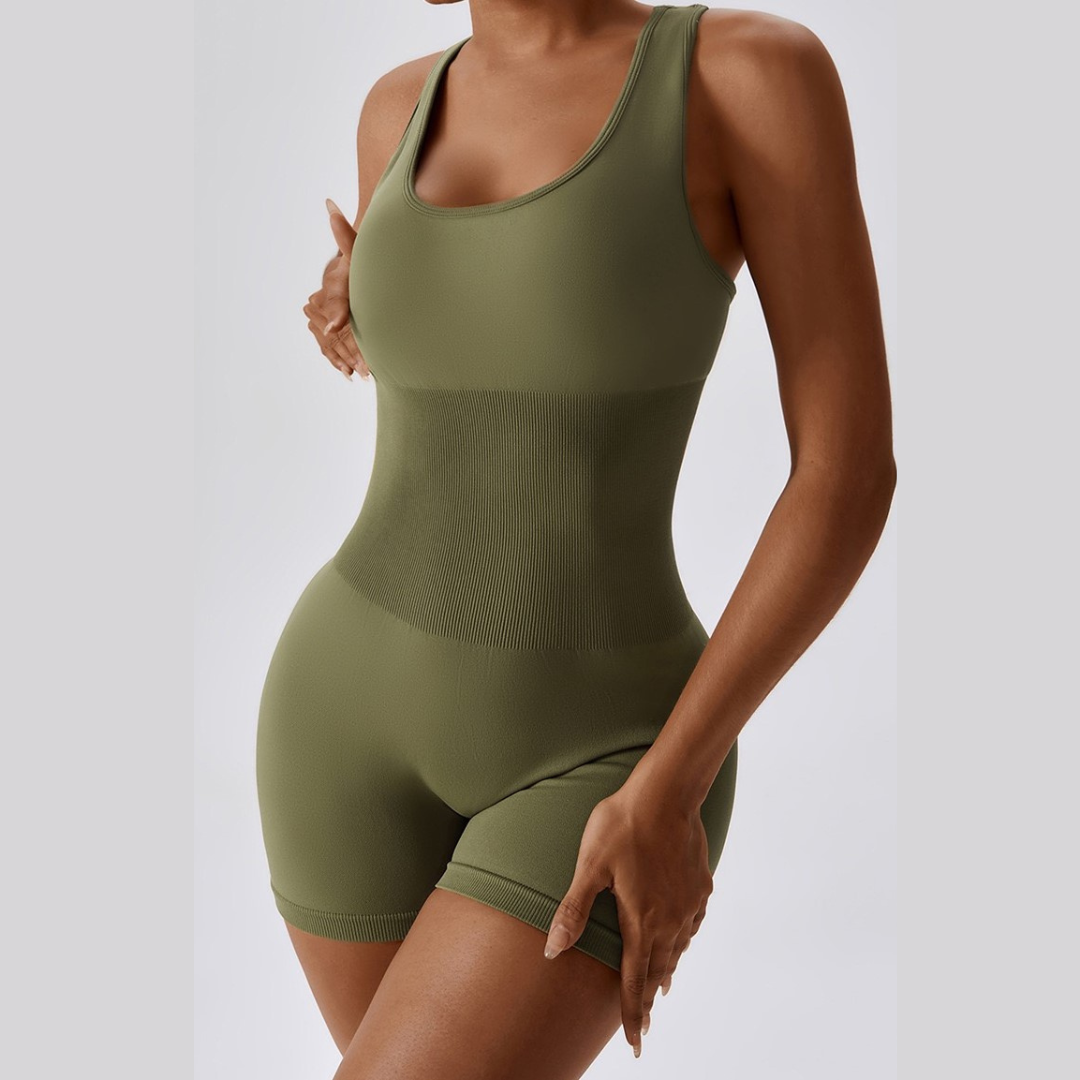 Summer Slim Waist Ribbed Romper - Grass