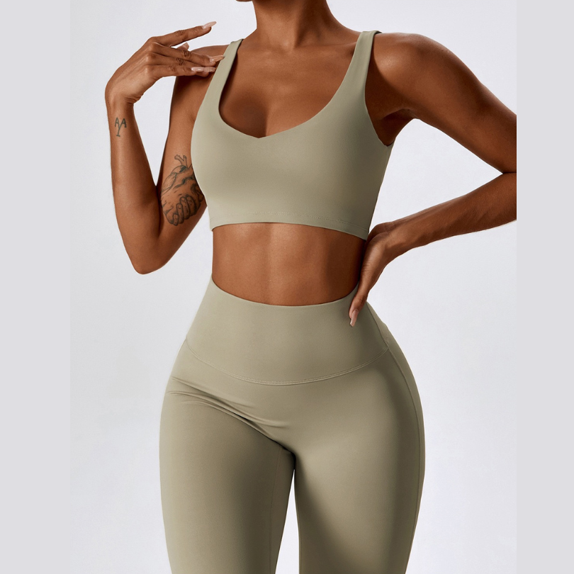 Deep V Flared Legging Set - Cream Grey