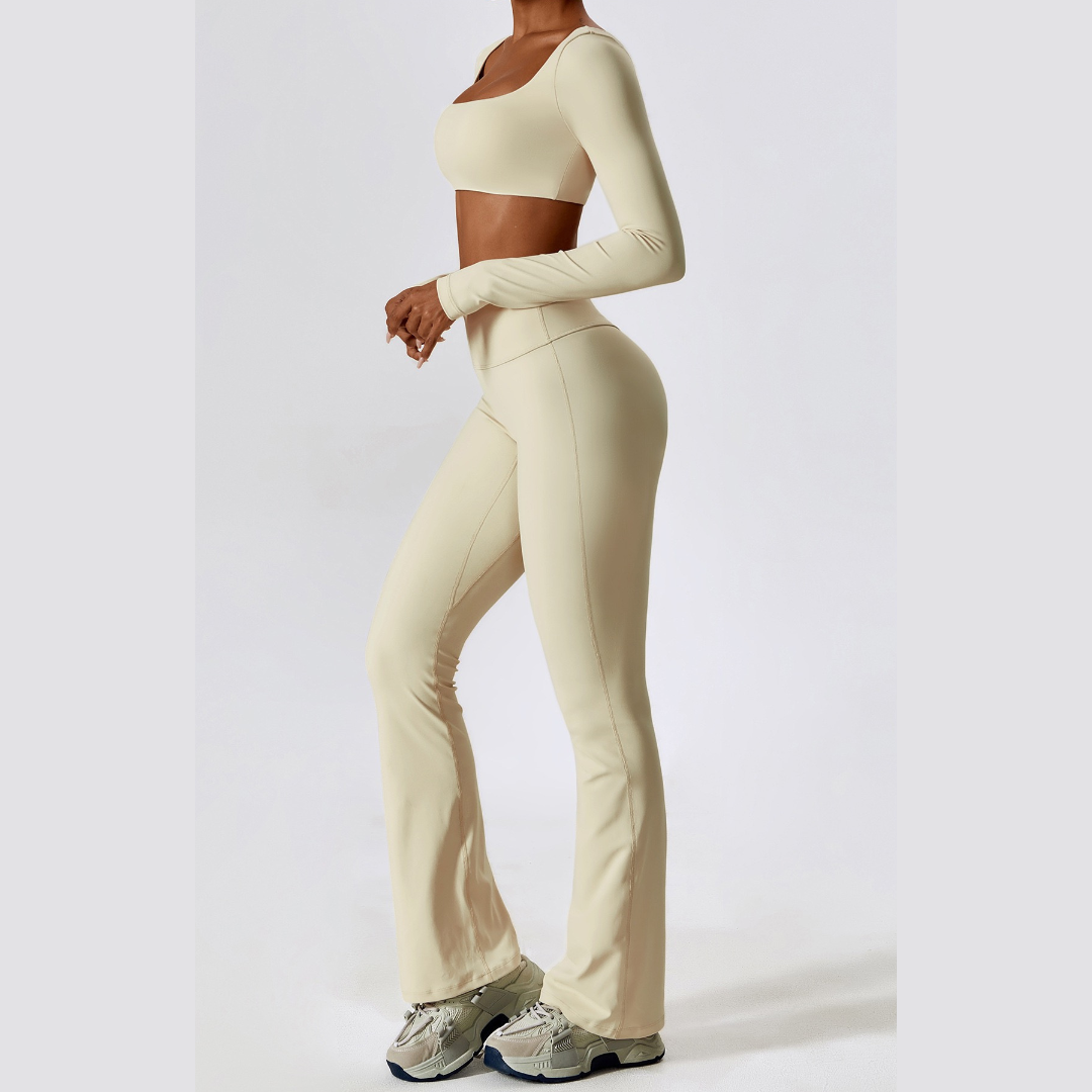 Long Sleeve Scrunch Flared Legging Set - Cream White