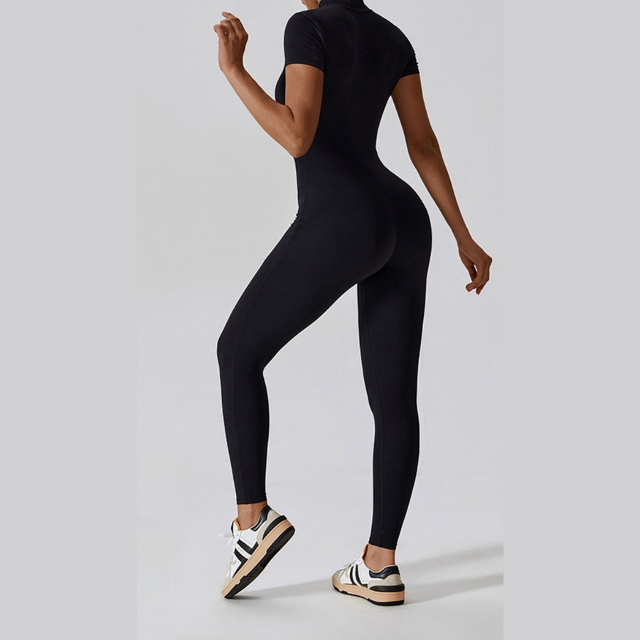 Classic Short-Sleeve Zipped Jumpsuit - Black