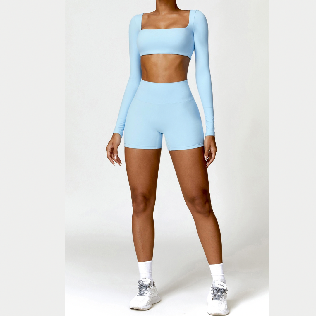 Stylish Long-Sleeve Top Scrunched Short Set - Blue