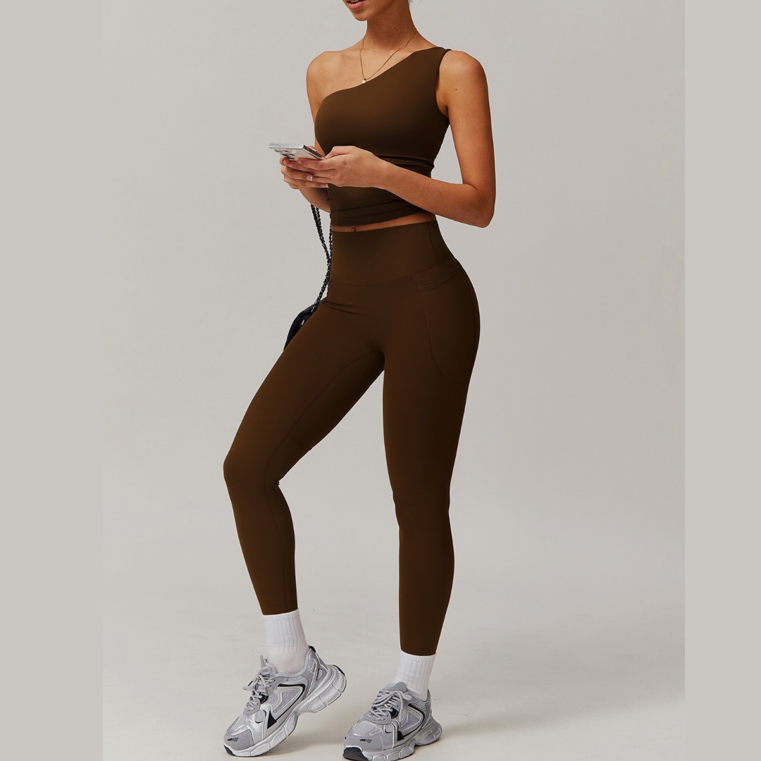 NANA Single Shoulder Top Legging Set - Coffee
