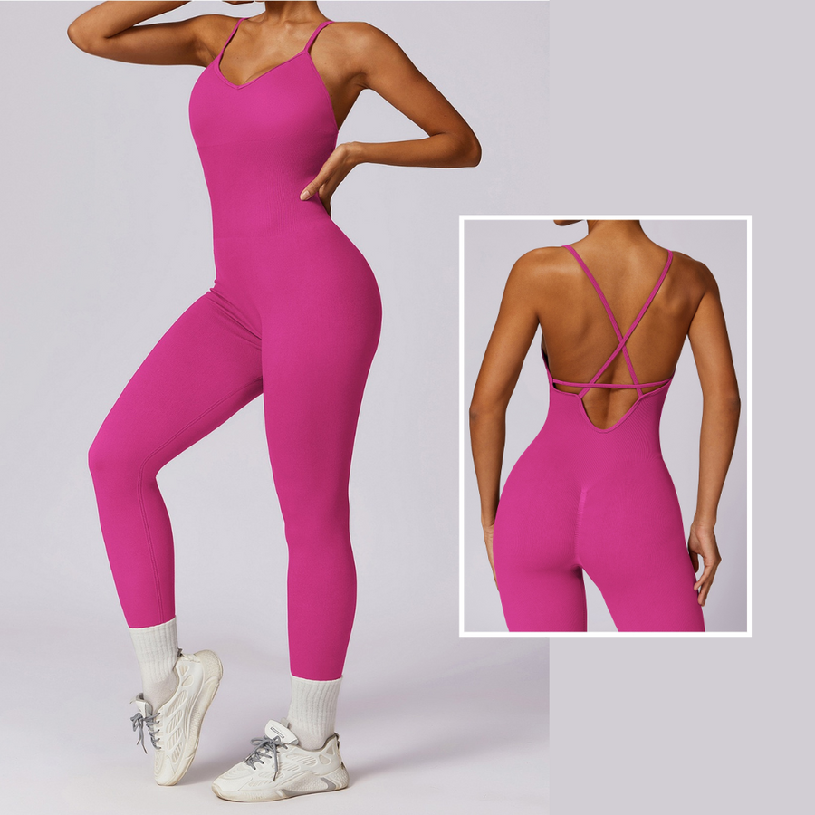 Slim Waist Backless Seamless Jumpsuit - Magenta