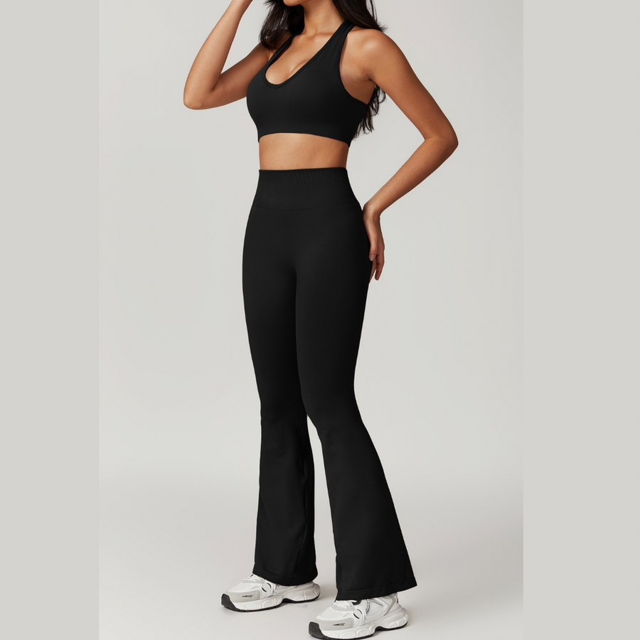 V-Neck Stylish Scrunched Flared Legging Set - Black